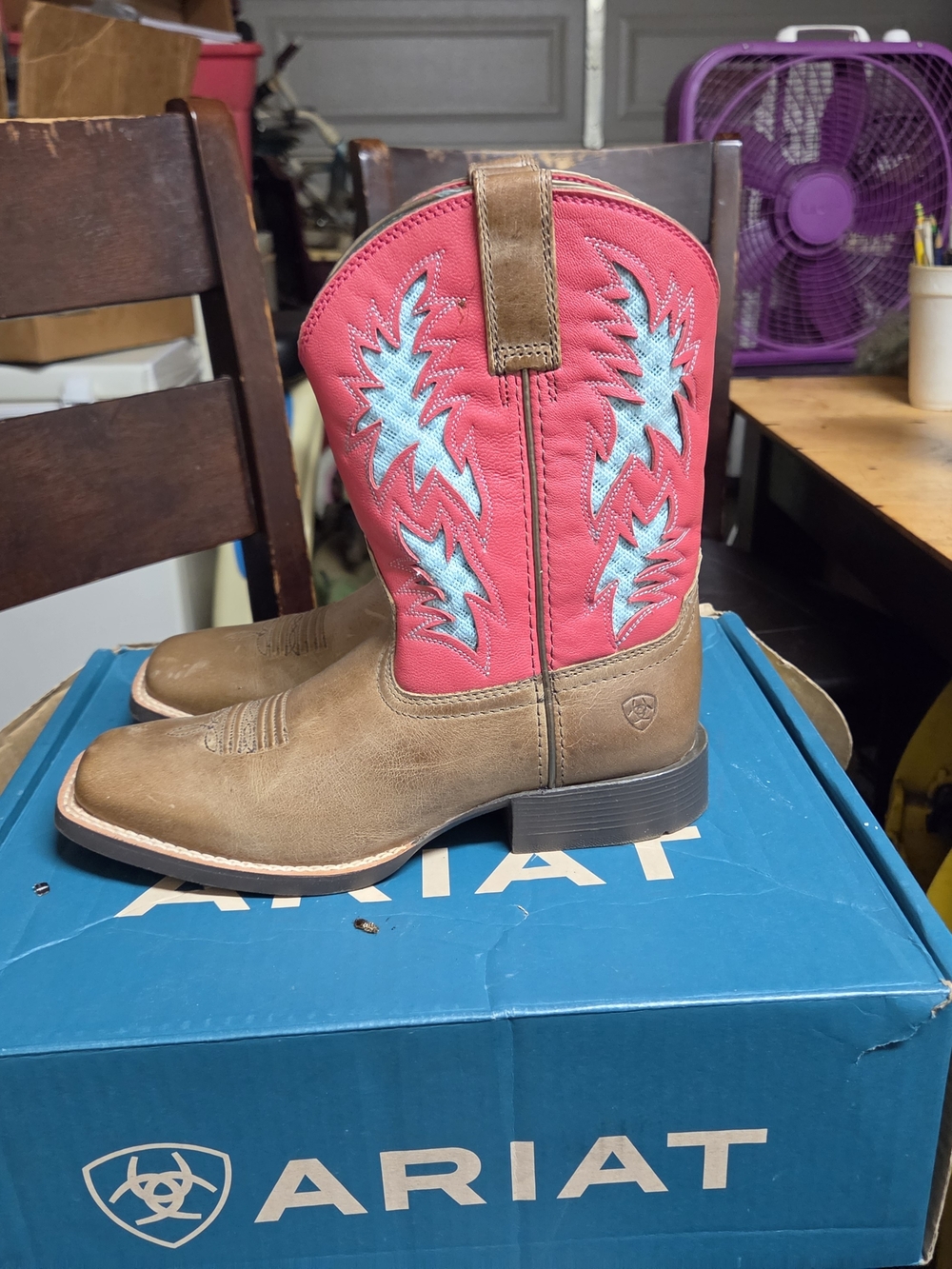 Ariat Brown Leather Ankle Boots with Pink Shaft and Light Blue Embroidery